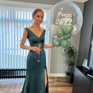 Forest green satin crepe prom dress with fitted bodice made to measure in Glasgow