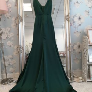 Forest green satin crepe prom dress with fitted bodice made to order in Glasgow