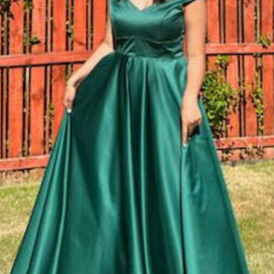 Forest green duchesse satin ball gown with bardot neckline. Made to measure prom dress Glasgow