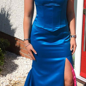 Peacock blue satin bustier fit and flare skirt with split and contrast pink satin lining prom dress. Made to measure in Glasgow