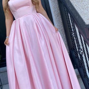 Soft pink strapless duchesse satin ballgown with feature split prom dress. Made to measure in Glasgow