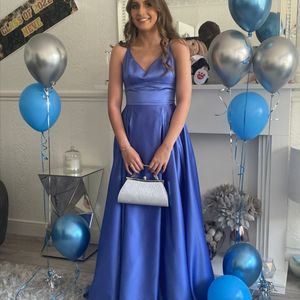 Lupin blue duchess satin prom dress with fitted bodice prom dress made to measure in Glasgow