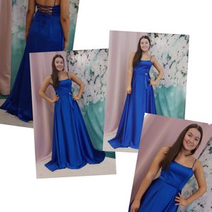 Beautiful satin crepe Royal blue bridesmaid dress with shoestring strap & lace up back . Made to measure in Glasgow 