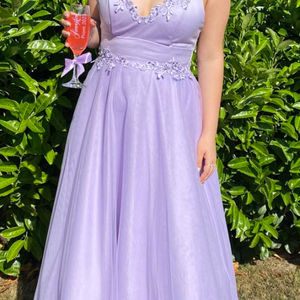 Soft lavender satin lace and tulle prom dress. Made to measure in Glasgow