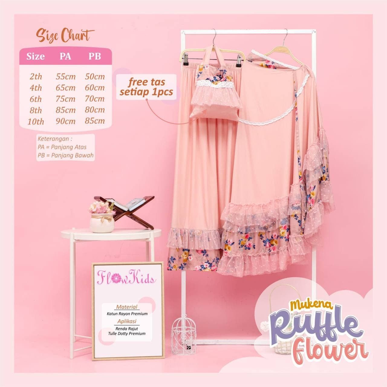 FK 43.4 D PEACH MUKENA RUFFLE FLOWER KIDS 
