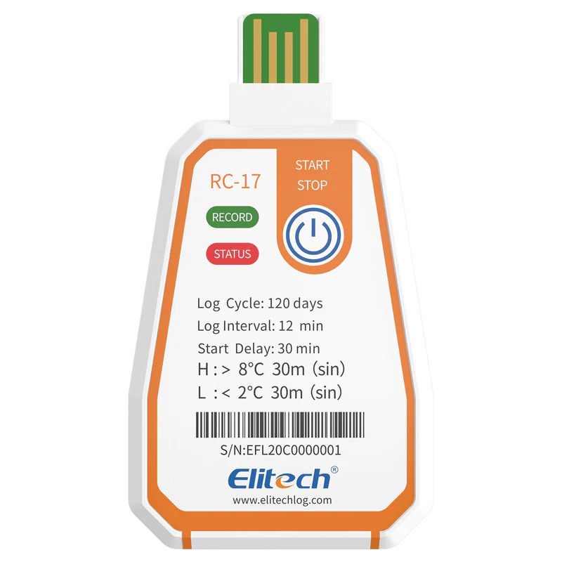 USB PDF Report for a Disposable Single-Use Temperature Recorder Data Logger 2. Colour Indicator (Range: -22 to 158°F/-30 to 70°C) RC-17