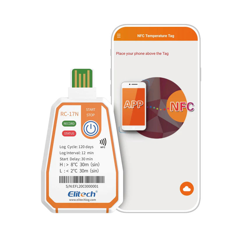 Temperature Data Logger, RC-17N NFC Disposable USB, PDF Report, Light Indicator