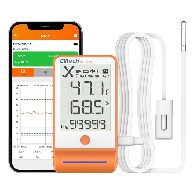 Elitech Bluetooth Thermometer Data Logger Temperature and Pharmacy Vaccine DDL Calibration Certificate, MAX MIN AVR MKT GSP-6Pro-GLE, Shadow Data 100000 Points Data Storage Export