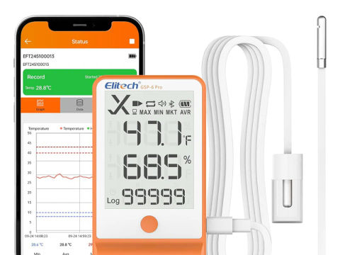 Elitech Bluetooth Thermometer Data Logger Temperature and Pharmacy Vaccine DDL Calibration Certificate, MAX MIN AVR MKT GSP-6Pro-GLE, Shadow Data 100000 Points Data Storage Export