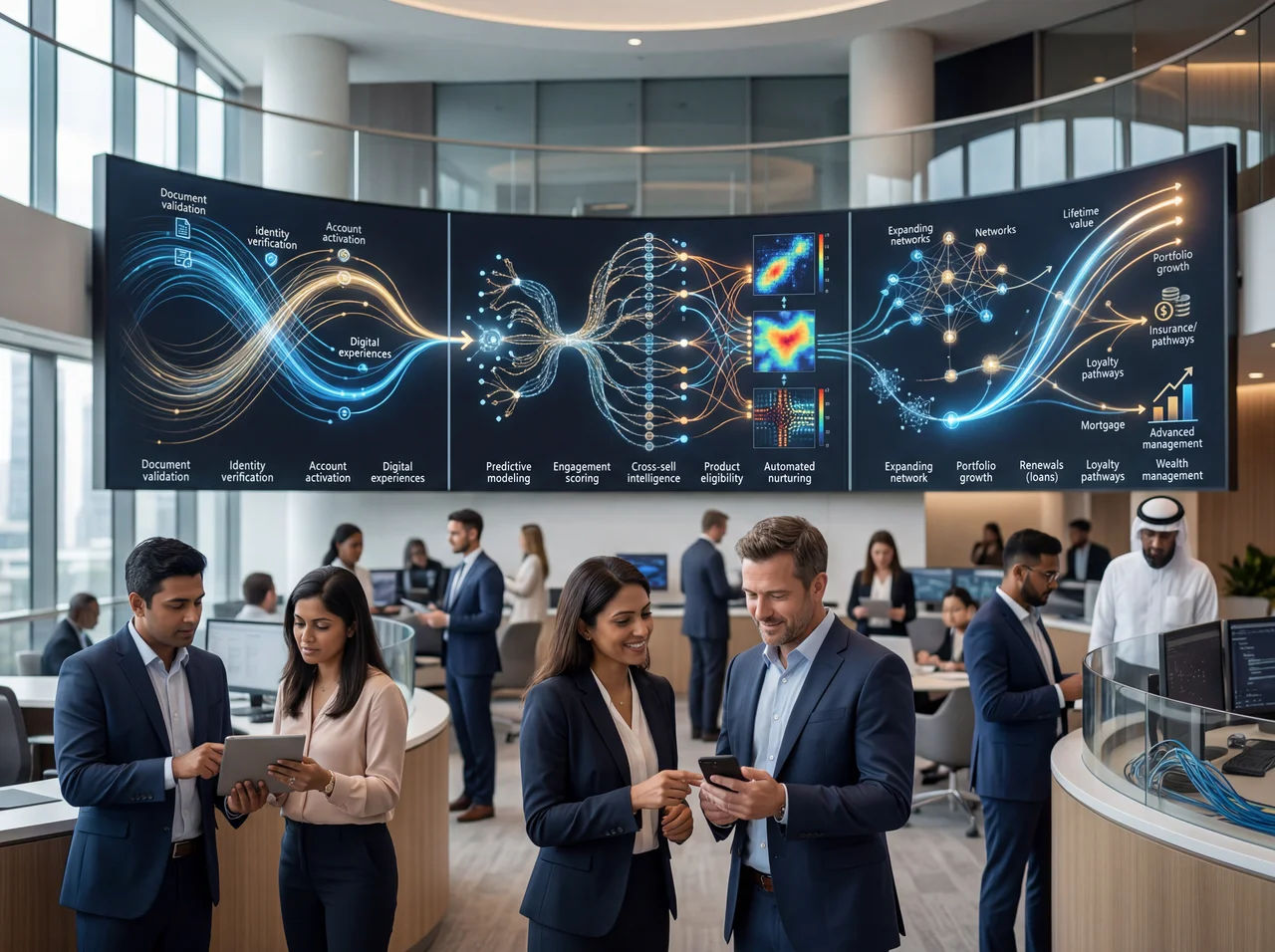 Customer onboarding and cross-sell automation for digital marketing for BFSI India UK USA UAE showing financial product onboarding sequences cross-sell triggers from CRM eligibility data renewal automation and KYC completion sequences