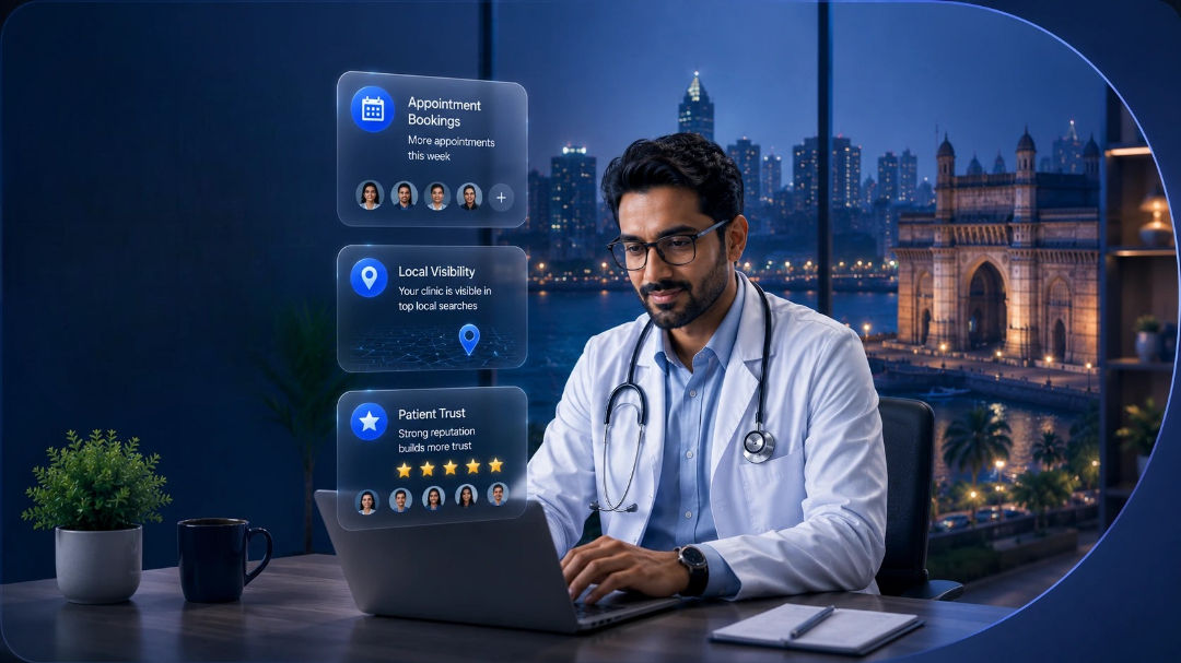 Digital marketing for healthcare clinics and hospitals showing Google Maps Local 3-Pack results for patient searches doctor appointment booking and online review management system