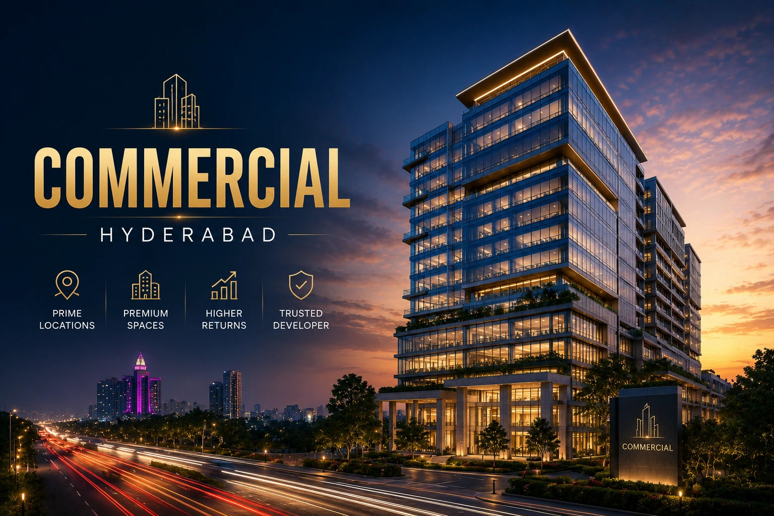 Commercial real estate digital marketing India showing LinkedIn B2B campaigns for Grade A office space Hyderabad and Bangalore GEO visibility and corporate buyer nurture content for commercial property developers
