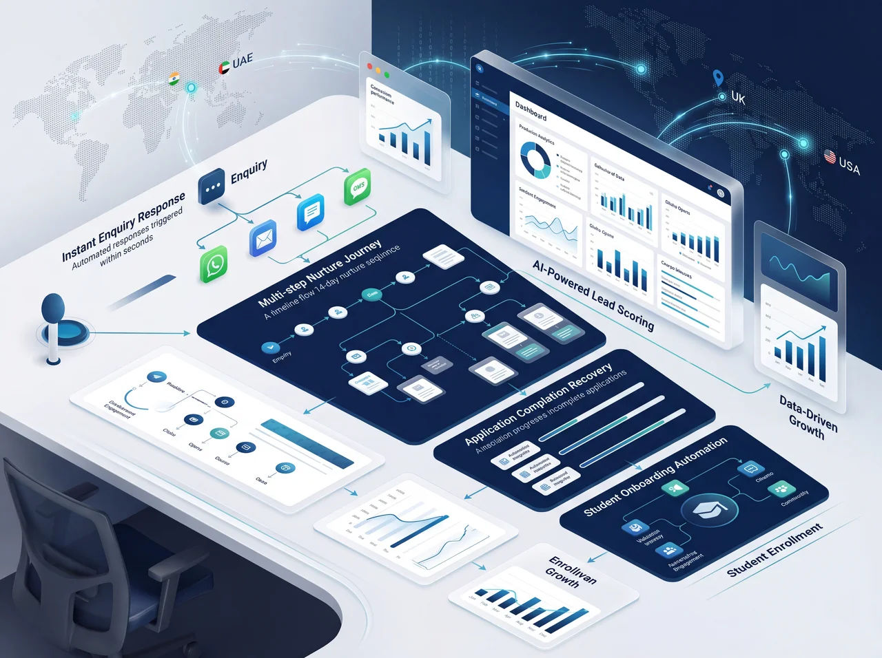 EdTech conversion automation showing WhatsApp nurture sequence student enrolment funnel CRM integration and counsellor follow-up automation for online education platform India