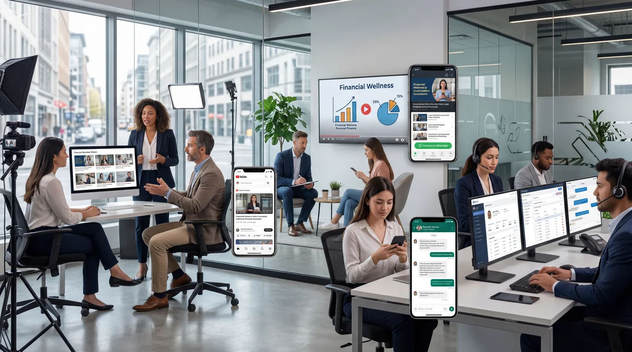 Compliant paid media for digital marketing for BFSI India UK USA UAE showing Google Ads for home loan and insurance queries LinkedIn B2B financial services campaigns and WhatsApp Click-to-Chat for banking lead generation