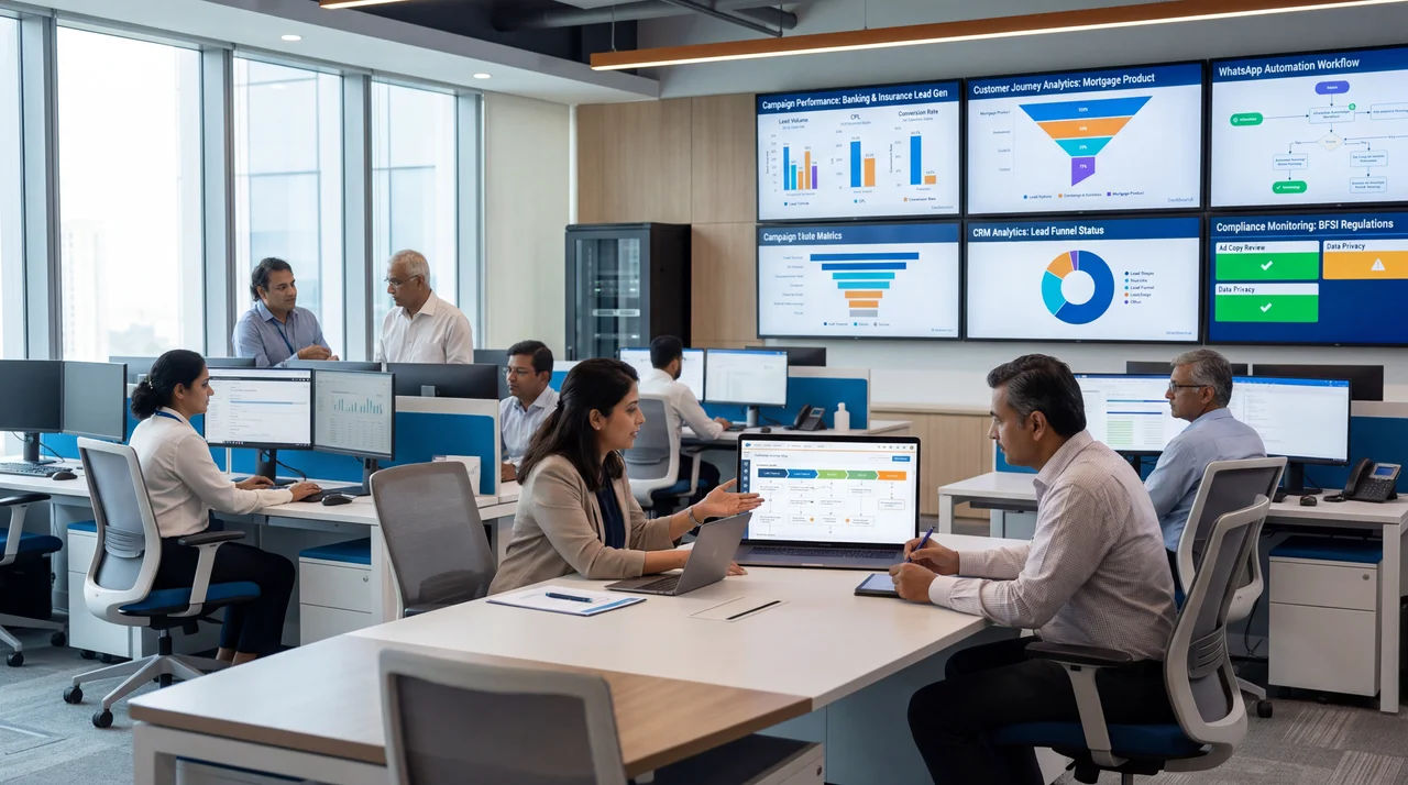BFSI digital marketing framework India UK USA UAE showing customer acquisition compliance and regulatory awareness GEO visibility for financial queries and retention automation for banking finance and insurance brands