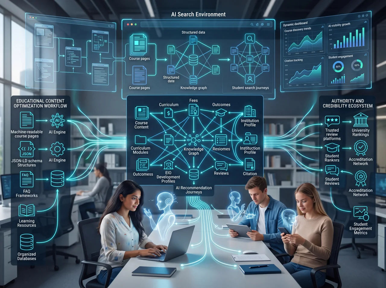 GEO and AI visibility for EdTech India showing ChatGPT course recommendation for online learning platform Google AI Overviews citation and schema markup implementation for education provider