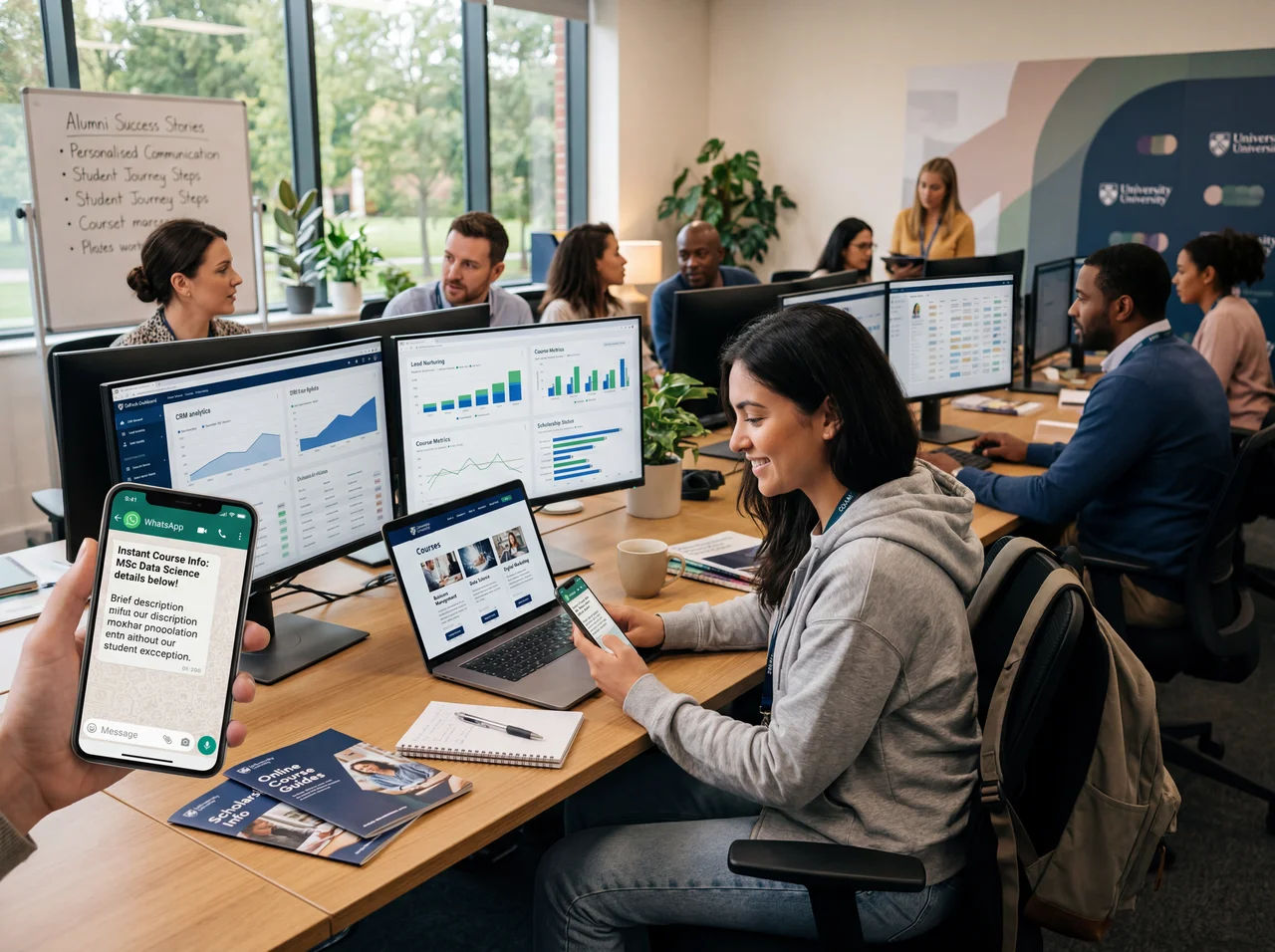 EdTech marketing team managing student lead generation campaigns WhatsApp nurture automation and CRM integration for online education platform India