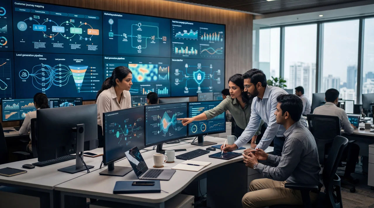 Digital marketing for BFSI India UK USA UAE showing compliance-aware banking campaign home loan leads dashboard GEO citation for investment advisory and LinkedIn fintech campaign in BFSI marketing intelligence centre