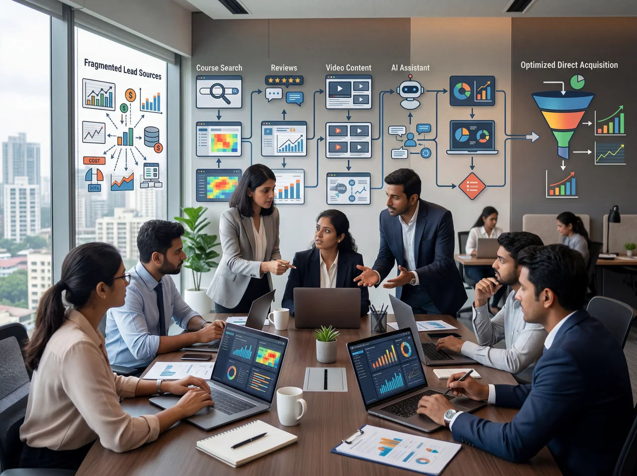 Digital marketing for EdTech India showing student enrolment funnel Google Ads course discovery dashboard and ChatGPT recommendation for online learning platforms