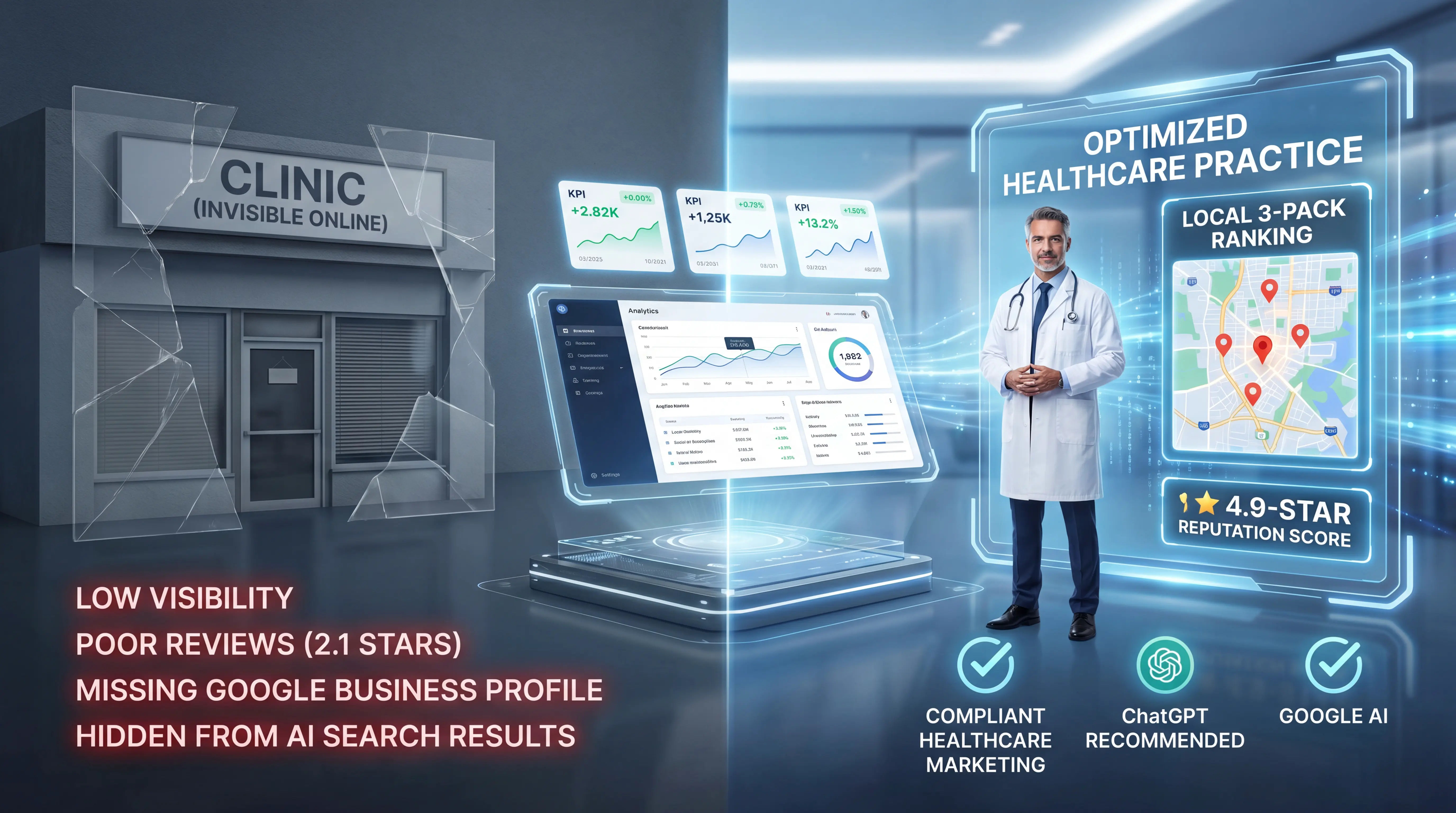 Digital marketing for healthcare showing patient searching online for clinic appointment booking on smartphone with Google Maps local search results and healthcare provider listings