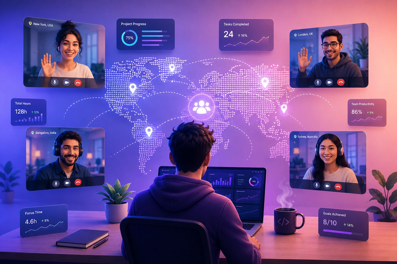 Remote work for B2B SaaS and growth startups in India showing founder working from home office with laptop and coffee while managing digital marketing campaigns and SEO content strategy for SaaS growth