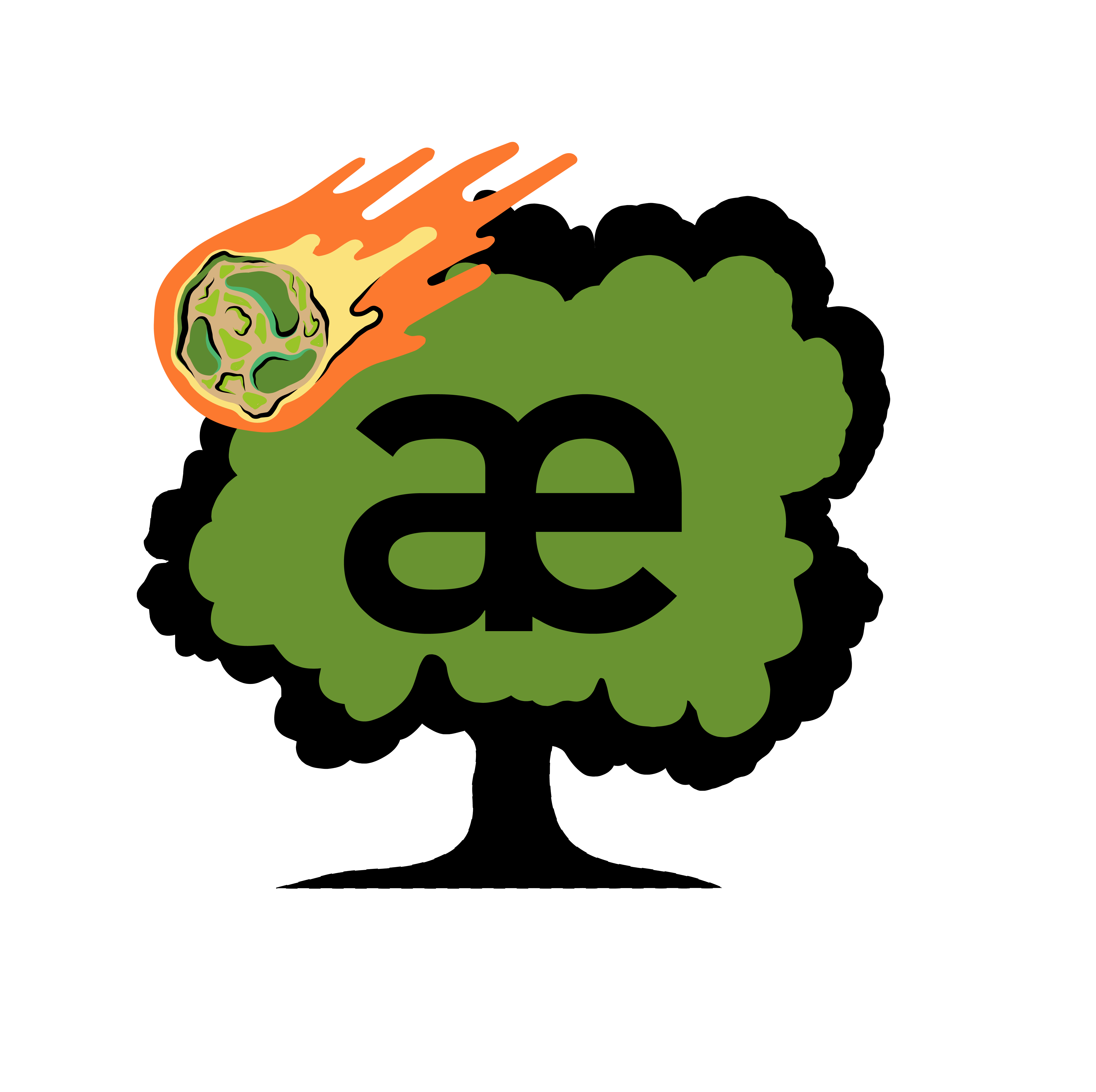 A burning meteor flying past a tree inscribed with the letter "æ".