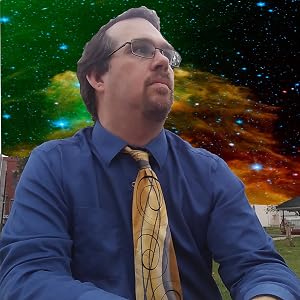 A galactic starfield behind him, Robert looks up towards the future of humanity.