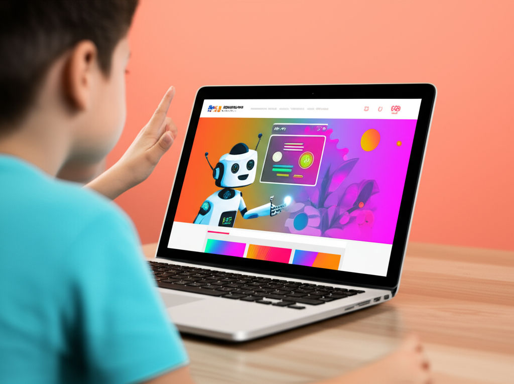 AI robot helping a beginner design a website, HD 4K landscape