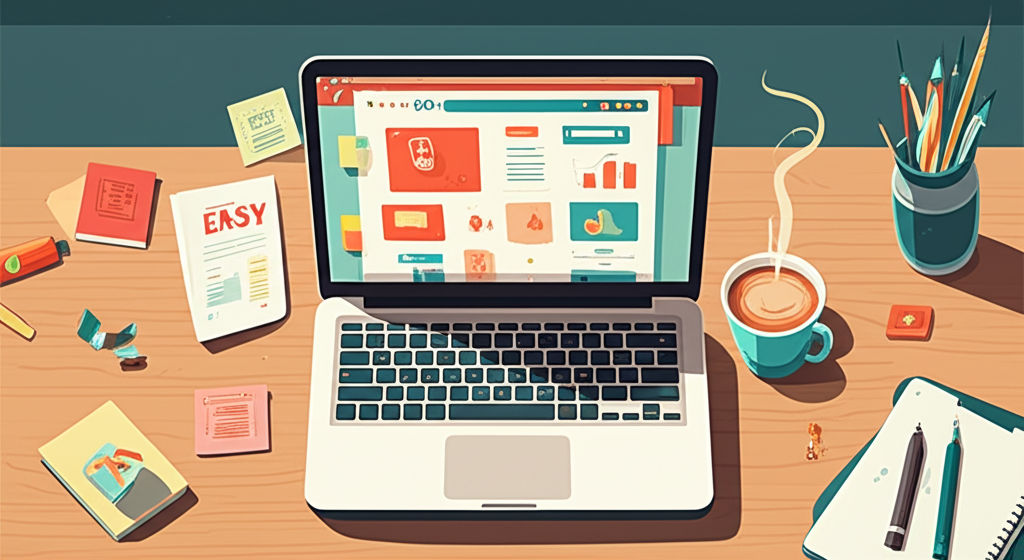 Modern workspace with laptop and colorful website design, friendly and bright, HD 4K landscape