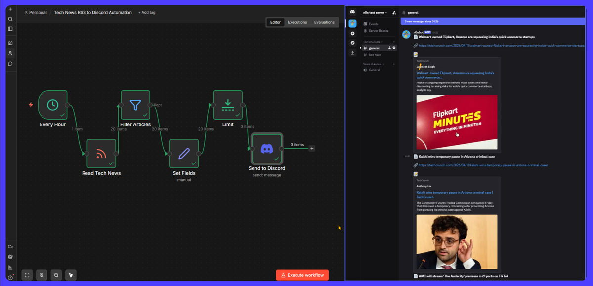 A typical n8n workflow canvas