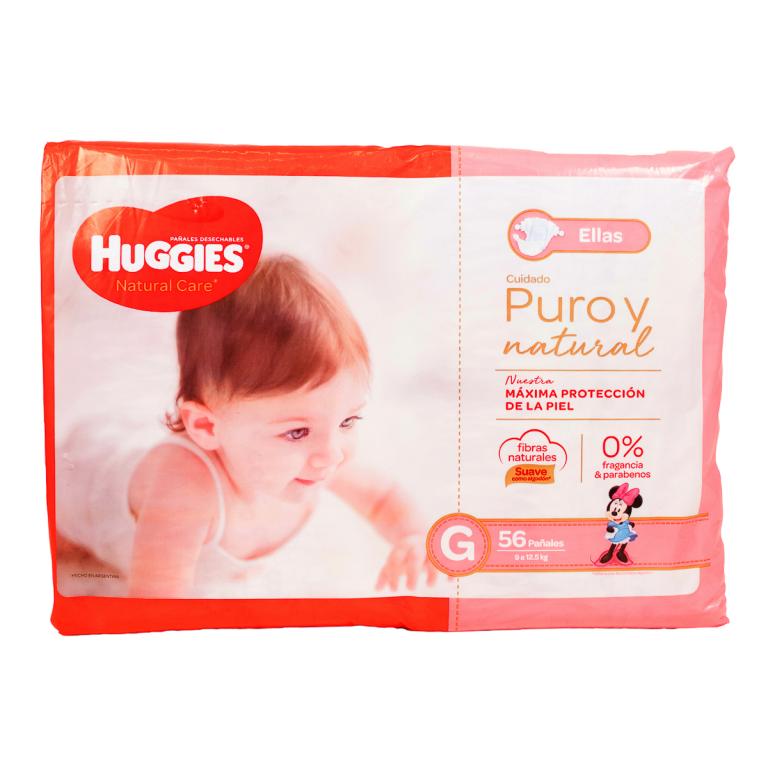 Pañal Huggies Natural Care talla G , 56 und.