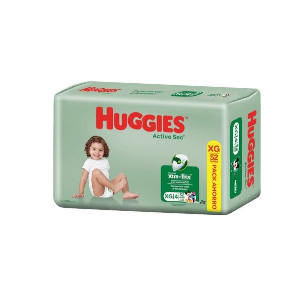 Pañales Huggies active sec XG, 52 unidades