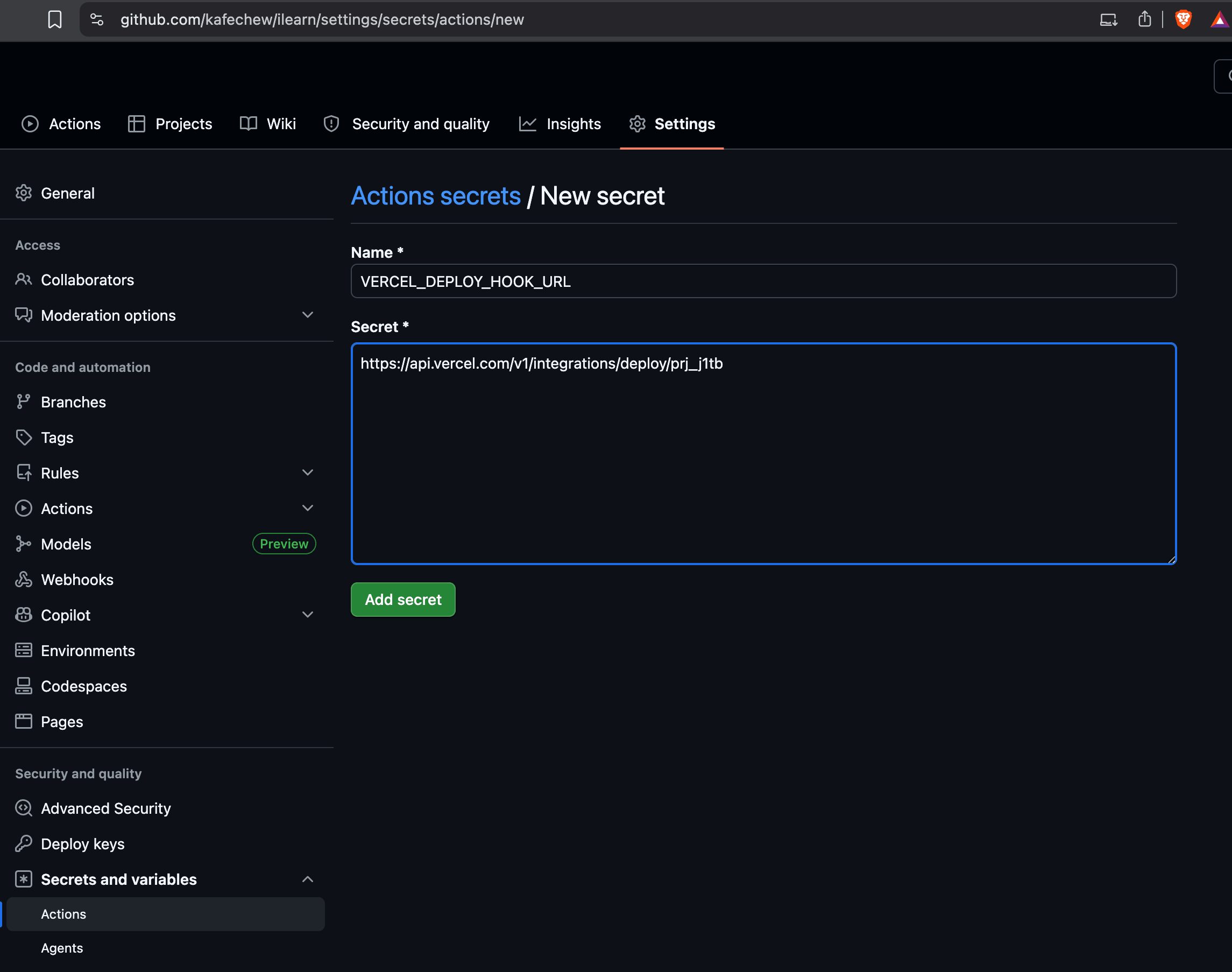 Securing Your Webhook in GitHub Secrets