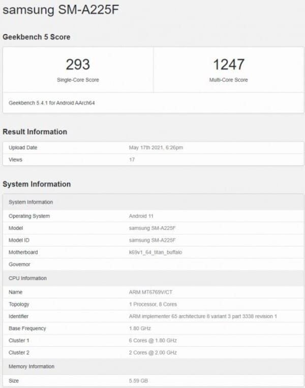 Samsung Galaxy A22 4G cu Helio G80 și 6 GB RAM reperat pe Geekbench 2 Samsung Galaxy A22 4G Geekbench