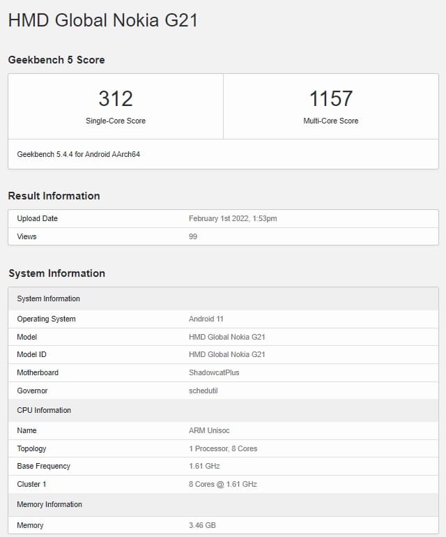 Nokia G21 depistat pe Geekbench cu chipset Unisoc 2 Nokia G21 Geekbench