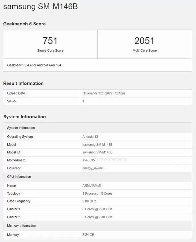 Galaxy M14 apare în teste cu noul procesor Exynos 2 Galaxy M14 Geekbench