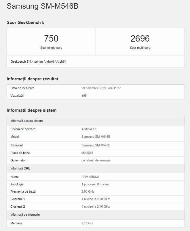 Samsung Galaxy M54 5G apare pe Geekbench 2 Samsung M54 Geekbench