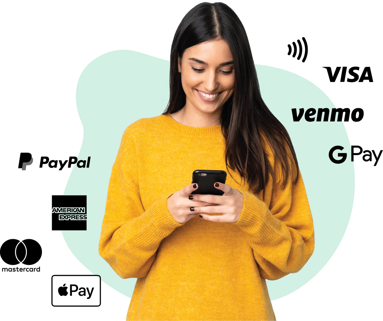 Person using a phone to collect payments via Venmo, Visa, and Google Pay