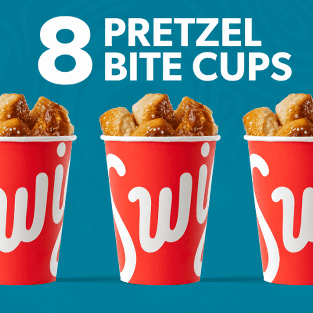Eight cups of Swig pretzel bites with dip