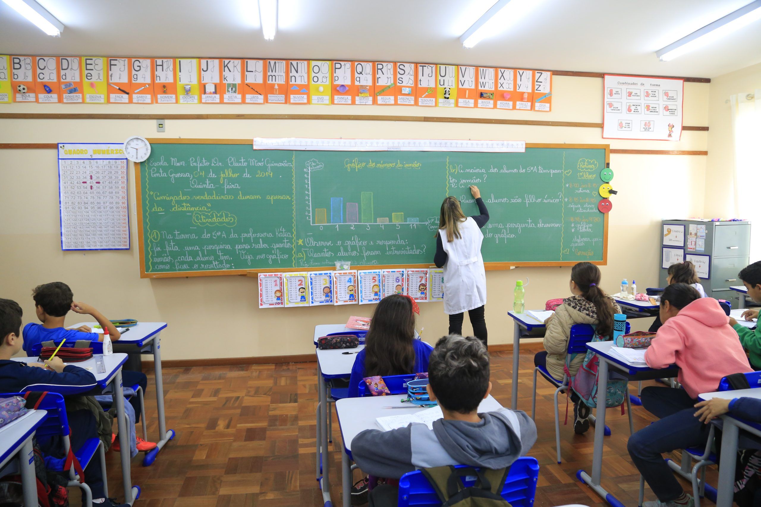 Professora em sala de aula escrevendo na lousa.