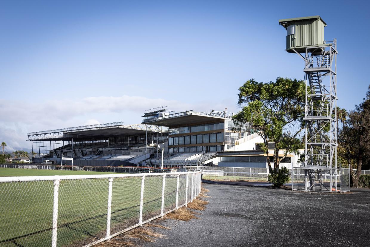 A corner of the Avondale Racecourse showing the stands and photo tower