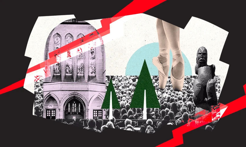Collage of images including a concert and a dancer overlayed with colours representing cracks or cuts to these programmes