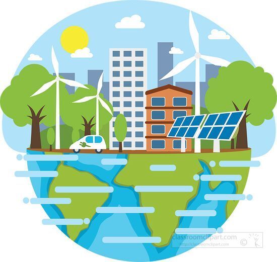 Cartoon image of the globe with examples of renewable energy such as wind turbines overlaying the top half