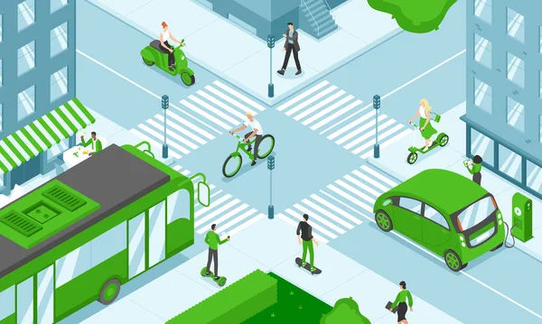 Cartoon image of an intersection with many different types of transport including Cars, bikes, pedestrians and a bus