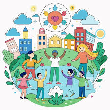 Cartoon image of a diverse community in a park with buildings in the background