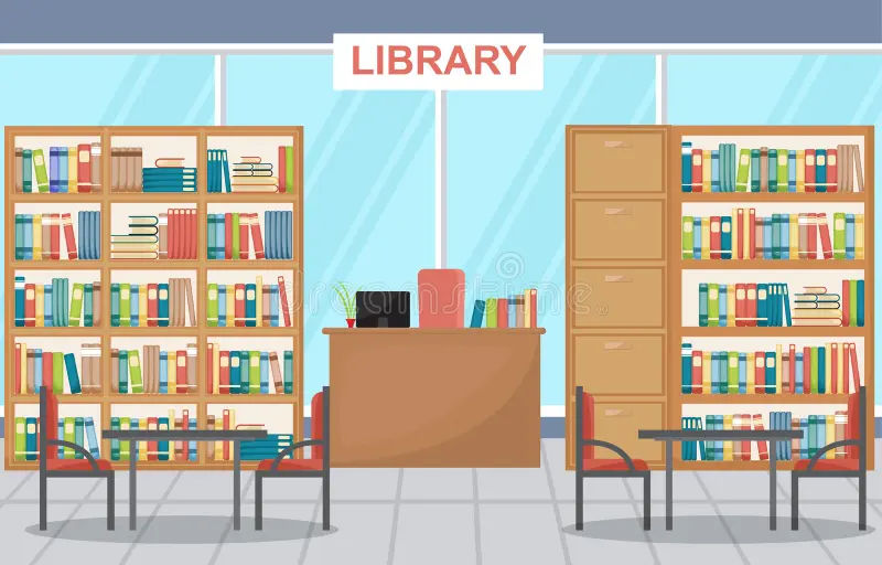 Cartoon image of the inside of a library with bookcases behind chairs and tables