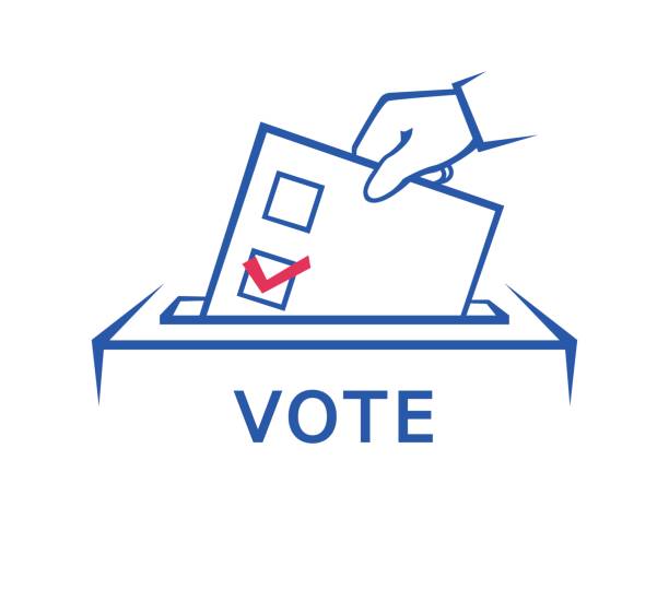 Cartoon image of someone voting. It is a close up of their hand putting their ballot in a ballot box
