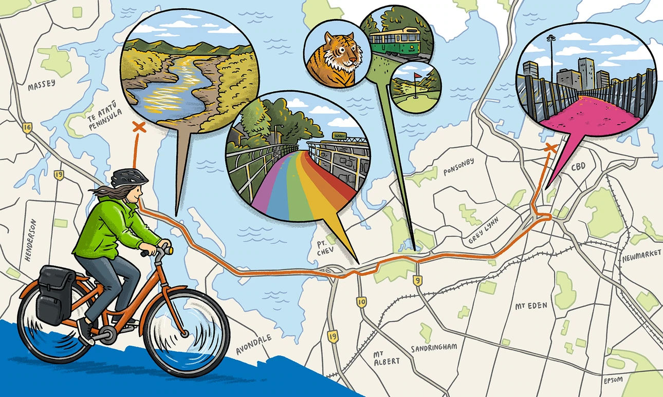 A person on a bike over a mountain map of the western bike path with locations such as the zoo and the Whau river highlighted