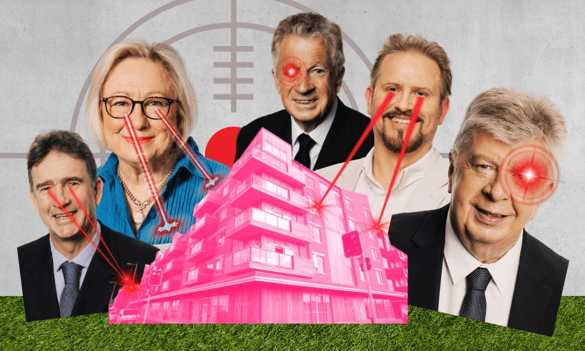 Satirical image of council members with lasers coming from their eyes destroying an apartment block