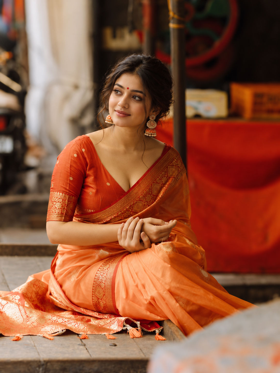 Orange Zari Border Saree